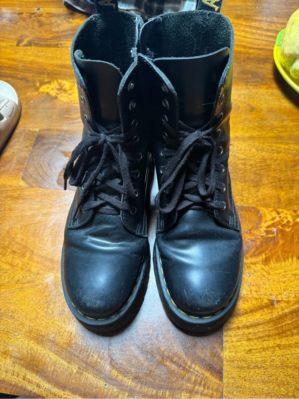 Dr. Martens Black Platform Lace-Up Boots with Yellow Stitching